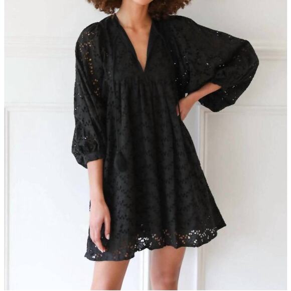Mille Eyelet Daisy Mini Dress Small Black Floral Balloon Sleeves 100% Cotton - Picture 1 of 13